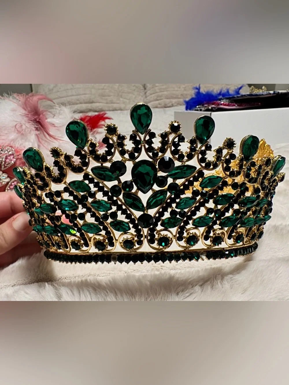 Gold Tiara with Emerald Green and Black Crystals - Women Accessories